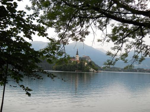 die Marieninsel in der Mitte des Sees von Bled