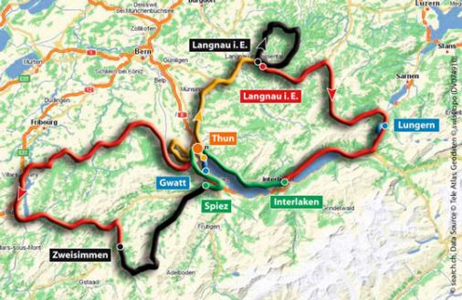 Die Strecke des Gigathlon: Von Thun ber Langnau, Lungern, Interlaken, Zweisimmen und Spiez wieder nach Thun