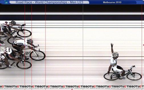 Das Foto-Finish verdeutlicht die berlegenheit von Michael Matthews, um Platz drei gab es ein totes Rennen (Foto: Tissot Timing)