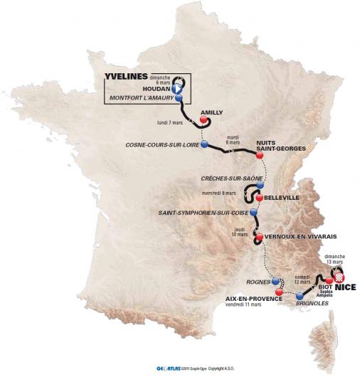 Die Streckenkarte von Paris-Nizza 2011