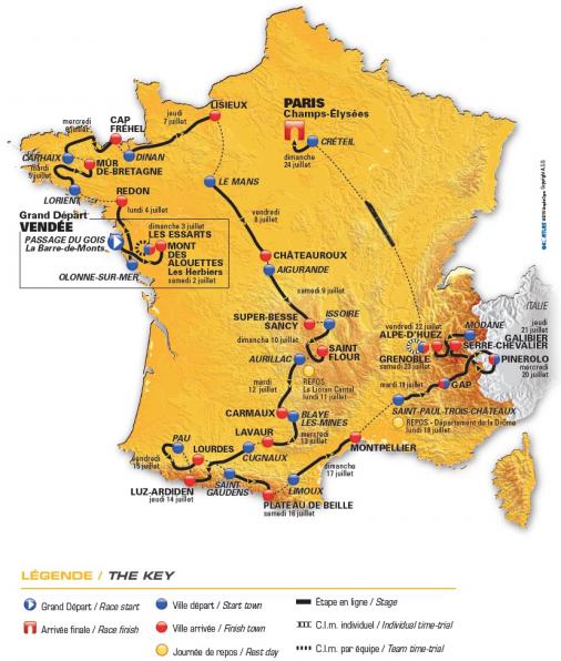 Die Streckenkarte der Tour de France 2011