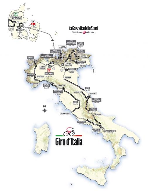 Die Karte mit allen Etappen der Italien-Rundfahrt 2012