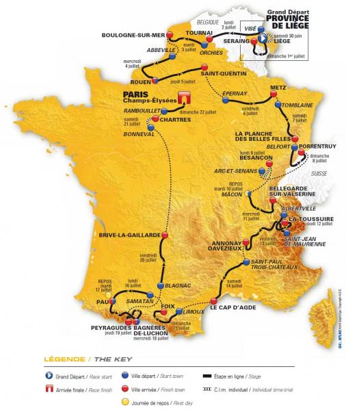 Die Karte mit allen Etappen der Tour de France 2012