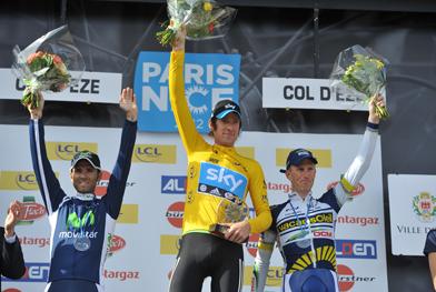 Das Podium von Paris-Nizza 2012 (v.l.n.r.): Alejandro Valverde, Sieger Bradley Wiggins und Lieuwe Westra (Foto: letour.fr)