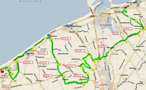 Streckenverlauf Knokke-Heist - Bredene 2013, erste 52,3 km