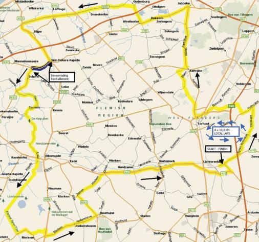 Streckenverlauf Omloop van het Houtland Lichtervelde 2015, erste 113,1 km