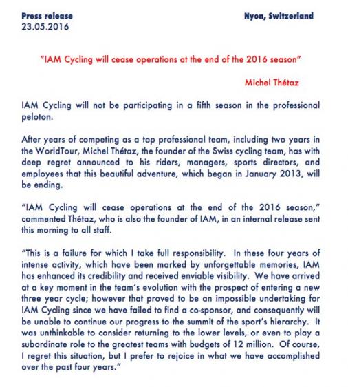 Die Pressemitteilung von Michel Thtaz zur Auflsung der Mannschaft IAM Cycling
