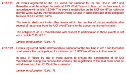 Paragrafen 2.15.191 und 2.15.192 der UCI-Regularien (Einladungs-Bedingungen fr Veranstalter von WorldTour-Rennen)