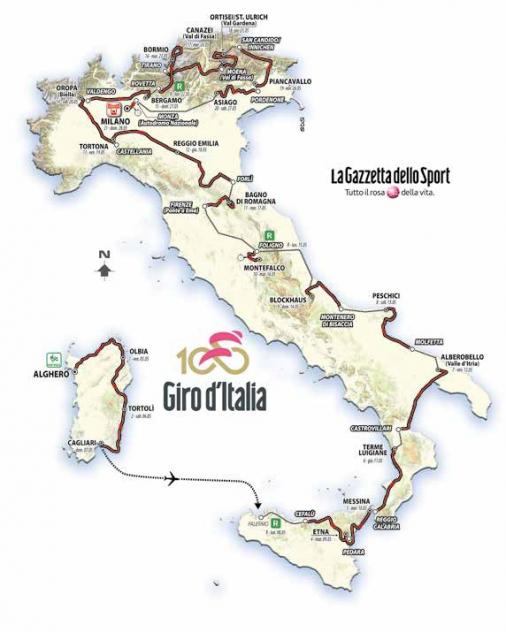 Die Streckenkarte des 100. Giro d’Italia