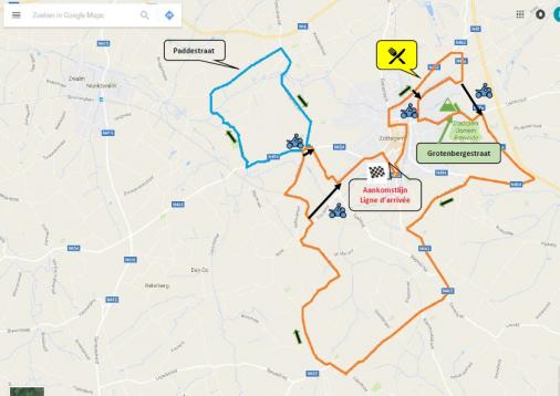 Streckenverlauf GP Stad Zottegem 2017, zweiter Rundkurs (orange / ca. 23 km) und dritter Rundkurs (orange und blau / ca. 29 km)