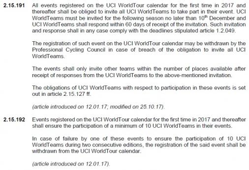 Paragrafen 2.15.191 und 2.15.192 der UCI-Regularien (Einladungs-Bedingungen für Veranstalter von WorldTour-Rennen)