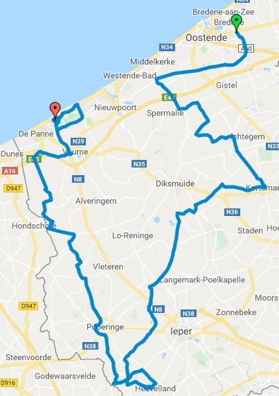 Streckenverlauf Bredene Koksijde Classic 2019, erste 160,69 km