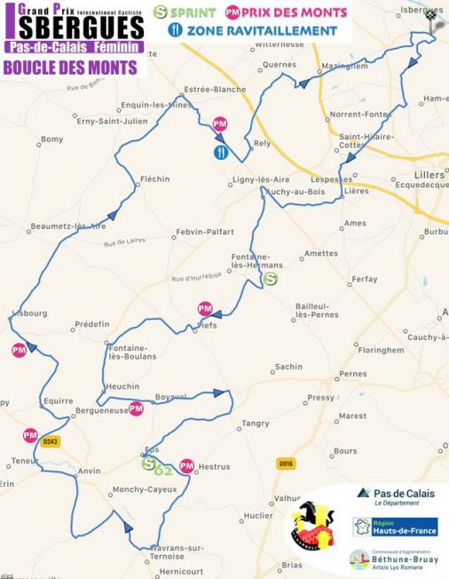 Streckenverlauf Grand Prix International d’Isbergues - Pas de Calais Féminin 2019, erster Rundkurs (98,3 km)