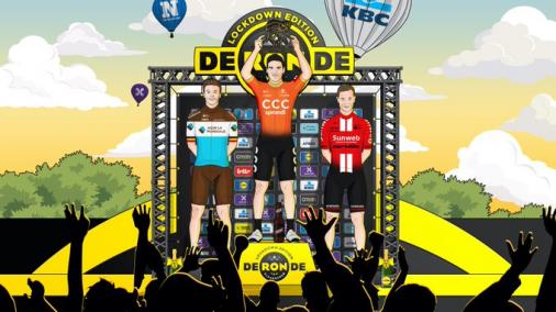 Das Podium der virtuellen Flandern-Rundfahrt: Oliver Naesen, Sieger Greg Van Avermaet und Nicolas Roche (Foto: twitter.com/RondeVlaanderen)