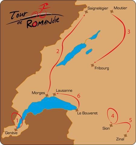 Grober Streckenverlauf der Tour de Romandie 2008