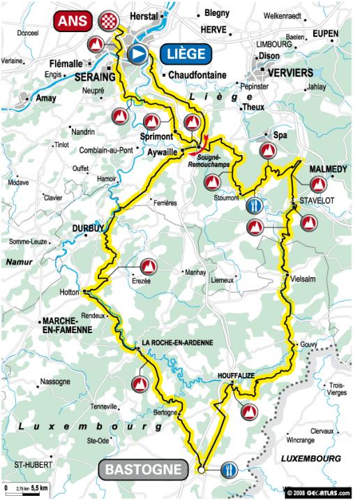 Streckenverlauf Lige - Bastogne - Lige 2008